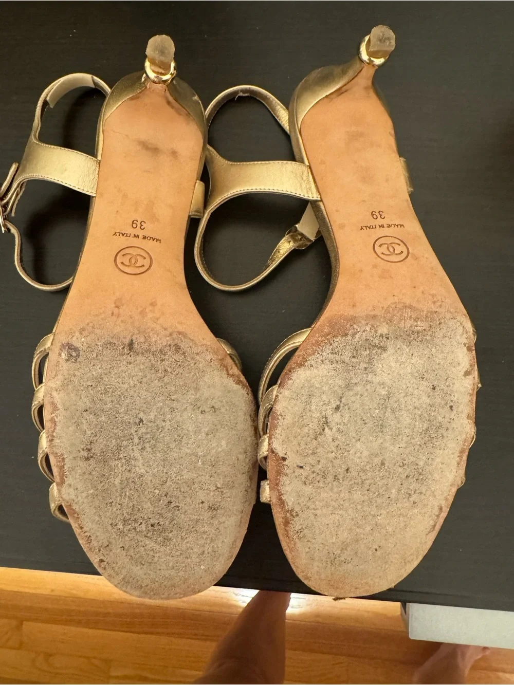 CHANEL metallic gold Camellia leather sandals with ankle - 39 Used